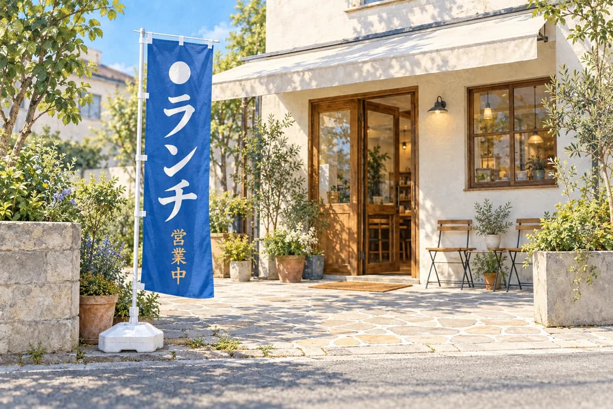 架空のカフェ店頭にある「ランチ」「営業中」の青いのぼりを、周囲の景色と一緒に離れた位置から見たイラスト