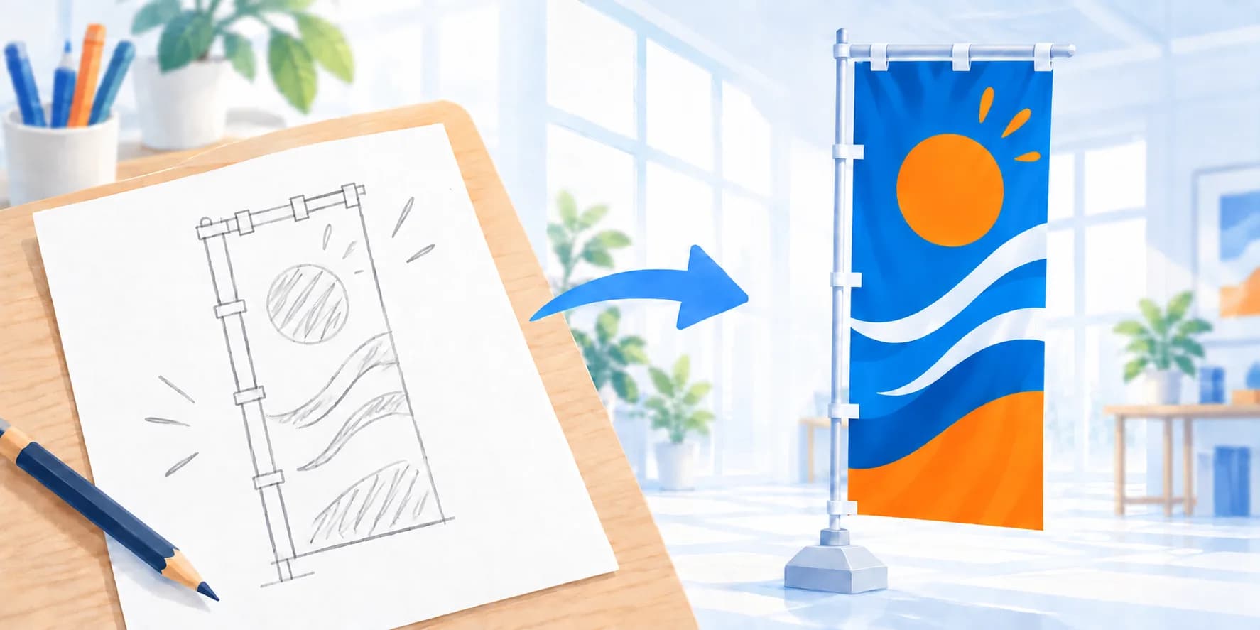手書きのラフ案からのぼりのデザインが完成するまでの説明イメージ