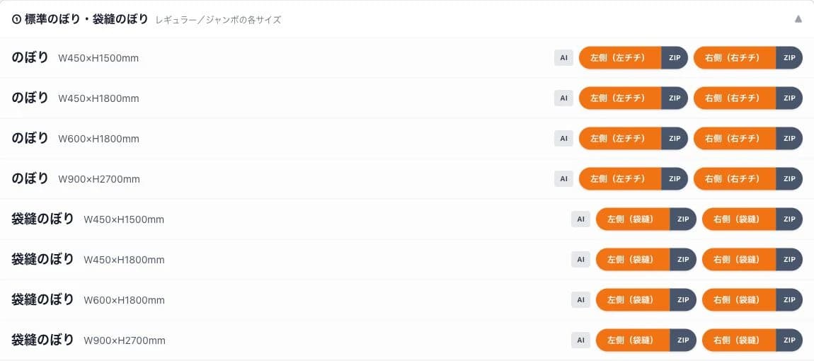 のぼり旗テンプレートのサイズと左チチ・右チチのダウンロードボタン